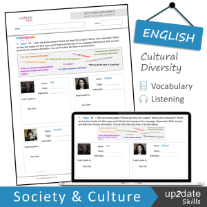 Sample page and sample slide of an educational resource called Let's open our world Cultural diversity and DNA Free ESL Worksheet by up2dateskills.